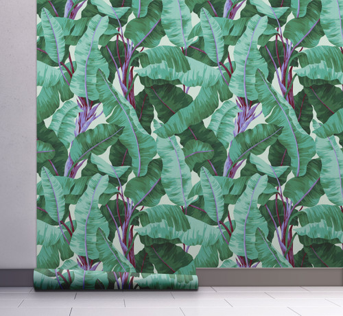GW2101 Painted Banana Leaves Peel and Stick Wallpaper Roll 20.5 inch Wide x 18 ft. Long, Green/Purple
