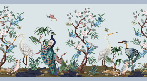 GB50031 Chinoiserie Herons  Peel and Stick Wallpaper Border 10in Height x 15ft Blue Green White by Grace & Gardenia Designs