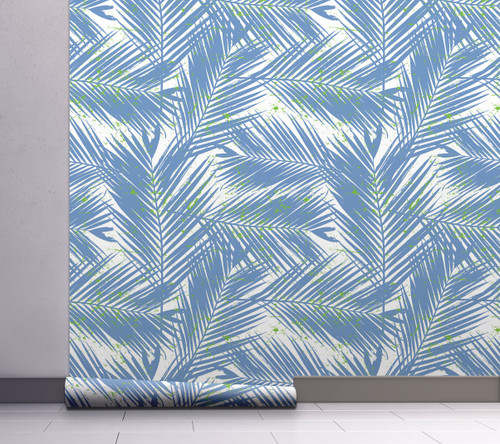 GW2123 Paint Spattered Palms Peel and Stick Wallpaper Roll 20.5 inch Wide x 18 ft. Long, Light Blue/Green