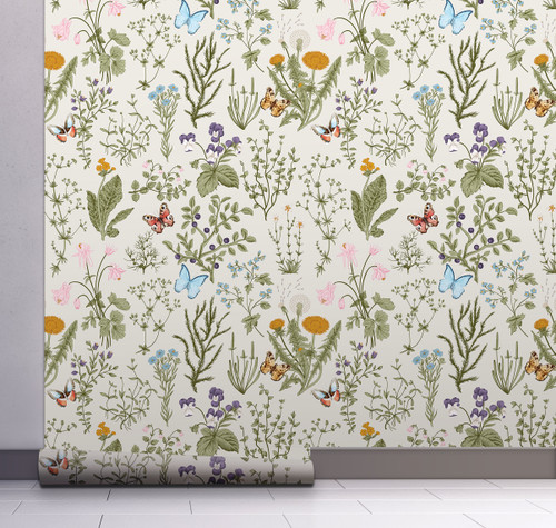 GW5061 Wildflowers and Butterflies Peel and Stick Wallpaper Roll 20.5 inch Wide x 18 ft. Long, Light Blue/Green