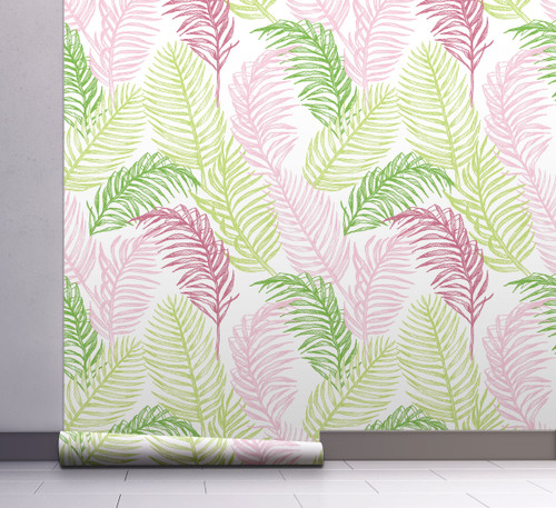 GW2151 Hand Drawn Palms Peel and Stick Wallpaper Roll 20.5 inch Wide x 18 ft. Long, Green/Pink