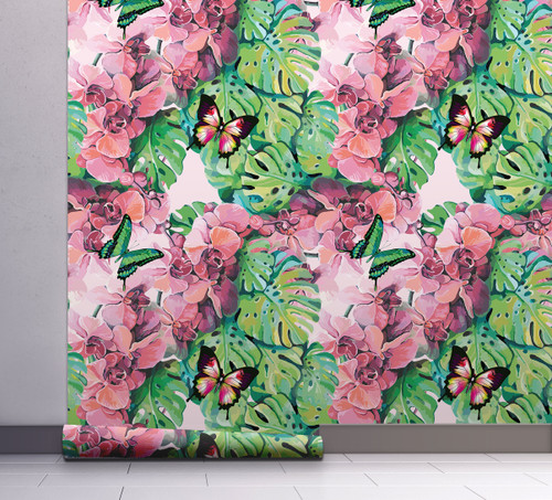 GW2141 Tropical Orchids and Butterflies Peel and Stick Wallpaper Roll 20.5 inch Wide x 18 ft. Long, Green/Pink