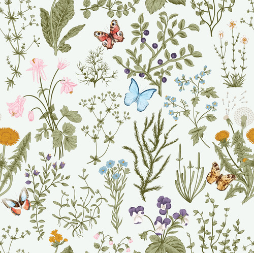GN5041 Wildflowers and Butterflies Fine Wallpaper Roll size 26 inch Wide x 27 ft. Long, Cream/Green