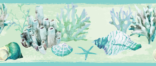 GB10011 Coral and Seashells Peel and Stick Wallpaper Border 10in Height x 15ft Aqua Blue Green