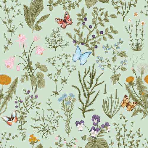 GP5032P6 Grace & Gardenia  Wildflowers and Butterflies Premium Textured Paper Peel and Stick Wallpaper Panel Green / Blue / Pink 26 In W x 6 Ft High