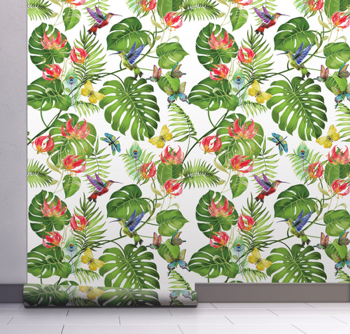 GW2171 Tropical Gloriosa Lilies Peel and Stick Wallpaper Roll 20.5 inch Wide x 18 ft. Long, Green Pink Yellow