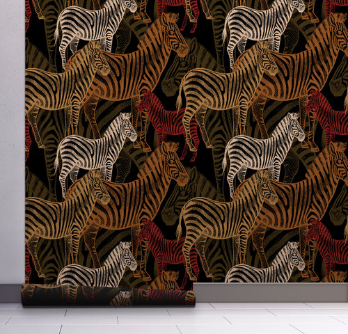 GW3011 Exotic Zebras Peel and Stick Wallpaper Roll 20.5 inch Wide x 18 ft. Long, Red/Black/Gold/Cream