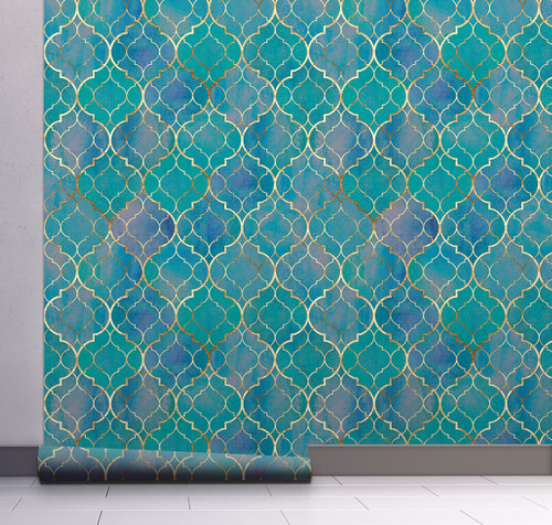 GW7011 Watercolor Moroccan Pattern Peel and Stick Wallpaper Roll 20.5 inch Wide x 18 ft. Long, Turquoise Purple Blue Tan Wall paper for Accent wall Bedroom Kitchen