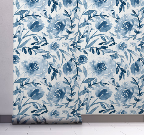 GW5131 Grace & Gardenia Watercolor Floral on Paper Peel and Stick Wallpaper Roll 20.5 inch Wide x 18 ft. Long, Blue