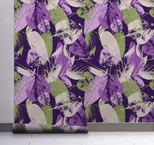 GW5171 Grace & Gardenia Leaf Print Pattern Peel and Stick Wallpaper Roll 20.5 inch Wide x 18 ft. Long, Green Purple