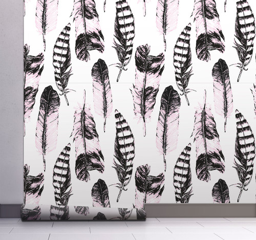 GW3033 Grace & Gardenia Exotic Feathers Peel and Stick Wallpaper Roll 20.5 inch Wide x 18 ft. Long, Pink Black