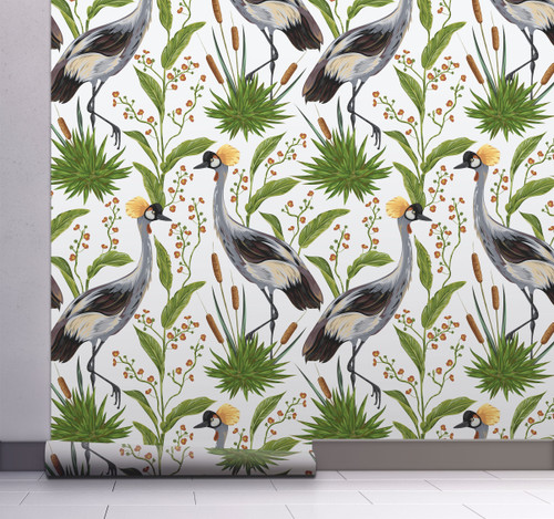 GW8012 Grace & Gardenia Exotic Crested Royal Cranes Peel and Stick Wallpaper Roll 20.5 inch Wide x 18 ft. Long, Green White Gray Brown