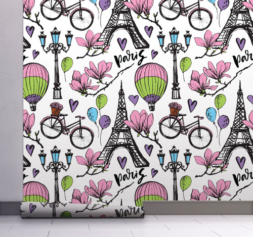 GW5201 Grace & Gardenia Paris Balloons & Flowers Peel and Stick Wallpaper Roll 20.5 inch Wide x 18 ft. Long, Pink Purple Black Green