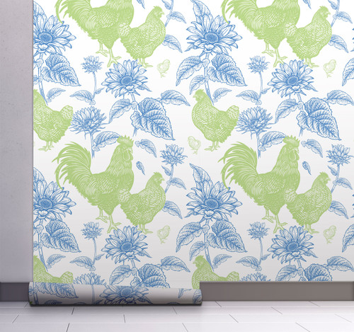 GW4011 Grace & Gardenia French Farmhouse Chickens & Sunflowers Toile Peel and Stick Wallpaper Roll 20.5 inch Wide x 18 ft. Long, Blue Green
