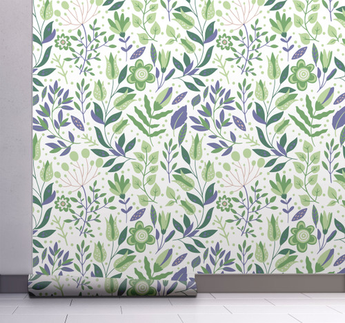 GW4042 Grace & Gardenia Folk Style Art Garden Peel and Stick Wallpaper Roll 20.5 inch Wide x 18 ft. Long, Green Purple