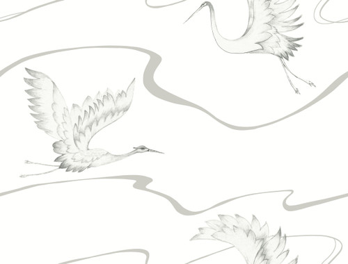 York Wallcoverings Black and White Resource Library BW3873 Soaring Cranes Wallpaper White Silver