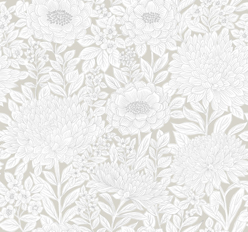 York Wallcoverings Black and White Resource Library BW3922 Wood Block Blooms Wallpaper Taupe Silver