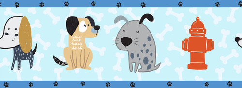 GB90091g8 Cartoon Dogs Bones & Paws Peel and Stick Wallpaper Border 8in Height x 15ft Blue Biege Gray Black by Grace & Gardenia Designs