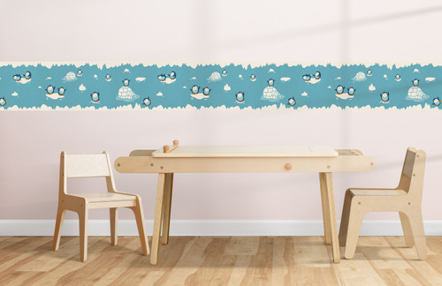 GB90170g8 Grace & Gardenia Playful Penguins Peel and Stick Wallpaper Border 8 in Height x 15ft Long, Blue Beige Orange