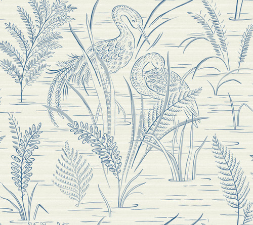 York Wallcoverings Grandmillennial GR5954 Fernwater Cranes Wallpaper Blue