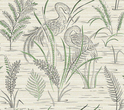 York Wallcoverings Grandmillennial GR5952 Fernwater Cranes Wallpaper Black/Green