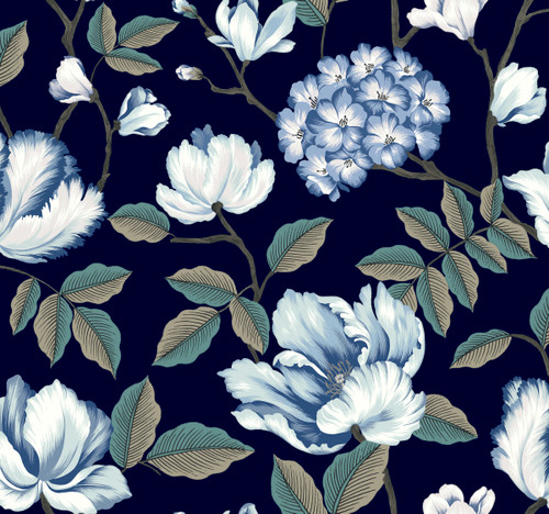 York Wallcoverings Grandmillennial GR5902 Morning Garden Wallpaper Navy