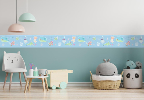 GB90230g8 Grace & Gardenia Aquatic Scene Peel and Stick Wallpaper Border 8 in Height x 15ft Long, Blue Green Purple Orange