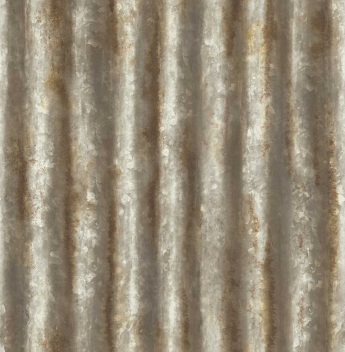 2701-22334 Corrugated Metal Industrial Texture with Tonal Shading and Rust Accents Wallpaper Brown Color Modern Style Non Woven Unpasted Wall Covering by Brewster Made in Great Britain