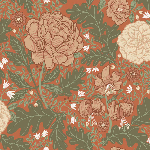 2999-14004 Camille Peony & Lily Wallpaper in Persimmon Red Pink White Green Colors with High Contrast Floral Design Flowers Botanical Style Non Woven Unpasted Wall Covering by Brewster