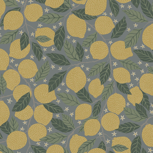 2999-44132 Lemona Fruit Tree Wallpaper in Blue Yellow Colors with Slim Branches Ripe Lemons Fruit Botanical Style Non Woven Unpasted Wall Covering by Brewster