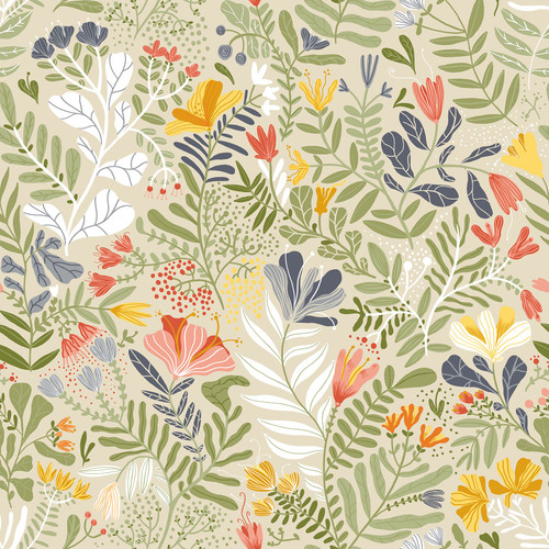 2999-55011 Brittsommar Woodland Floral Wallpaper in Beige Green Colors with Enchanting Spring Blooms Flowers Botanical Style Non Woven Unpasted Wall Covering by Brewster