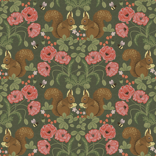 2999-44124 Kurre Woodland Damask Wallpaper in Green Red Pink Colors with Poppies Strawberries and Bumblebees Animals Animals Style Non Woven Unpasted Wall Covering by Brewster