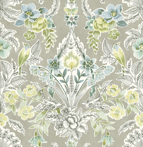 2903-25862 Vera Light Green Floral Damask Wallpaper Bohemian Style Botanical Theme Unpasted Non Woven Material Blue Bell Collection from  A-Street Prints by Brewster