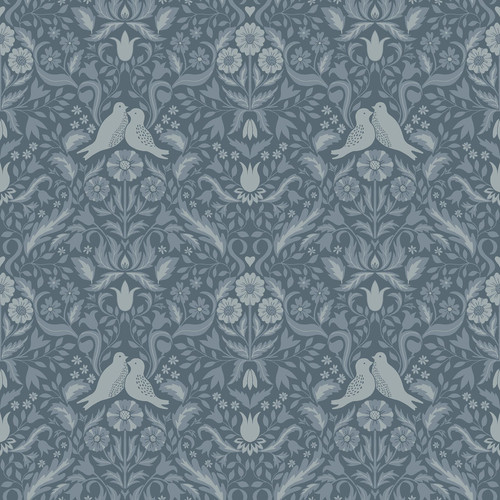 2999-14028 Niki Country Kitsch Wallpaper in Light Blue White Colors with Turtle Doves Flowers and Vines Birds Animals Style Non Woven Unpasted Wall Covering by Brewster