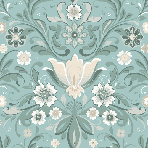 2999-24111 Ostanskar Retro Floral Wallpaper in Turquoise Blue White Grey Teal Colors with Framed Scroll Leaves Flowers Botanical Style Non Woven Unpasted Wall Covering by Brewster