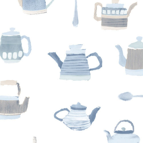 Norwall Wallcoverings CK36635 Creative Kitchens Tea Pots Wallpaper Blue, Beige