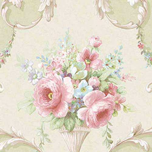 Norwall Wallcoverings Silk Impressions 2 IM36421 In-register Ornamental Floral Green Pink Wallpaper