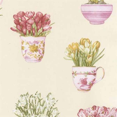 Norwall Wallcoverings  FK34421 Fresh Kitchens 5 Printemps Tea Cups Wallpaper Beige, Pink, Green, Cream