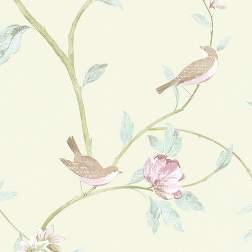Norwall CG28804 Rose Garden 2  Floral Bird Sidewall Wallpaper Green, Pink