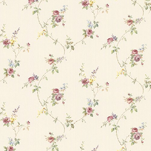 Norwall Wallcoverings PR33809 Floral Prints 2 Laura's Trail Wallpaper Cream  Pink  Green  Brown  Yellow