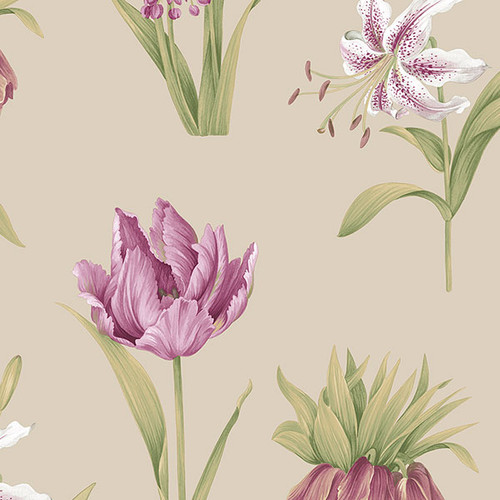 Norwall Paradise PA34237 Botanical Floral Wallpaper Taupe, Purple, Green