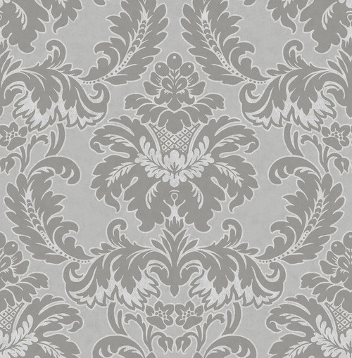 M1705 Windsor Damask Wallpaper in Grey Silver Colors with Timeless Silhouette Traditional Style Non Woven Unpasted Wall Covering by Brewster