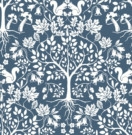 AST3778 Leo Tree Damask Wallpaper in Navy Blue White Colors with Bordered Leaves & Squirrels Whimsical Style Non Woven Unpasted Wall Covering by Brewster