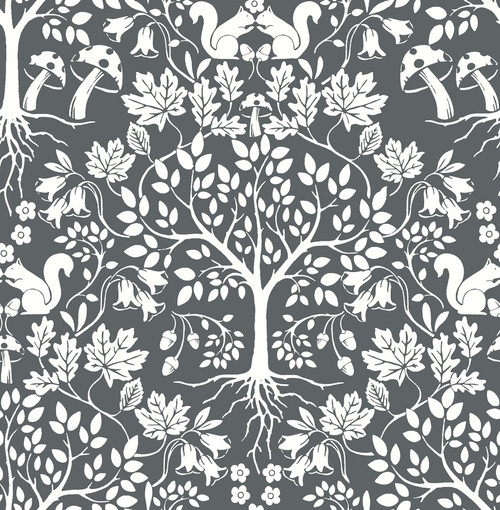 AST3777 Leo Tree Damask Wallpaper in Grey White Colors with Leaves Mushrooms & Squirrels Whimsical Style Non Woven Unpasted Wall Covering by Brewster