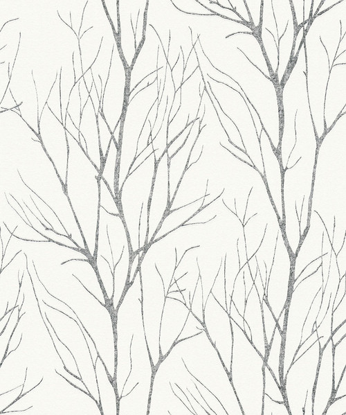 2979-37260-4 Diani Metallic Tree Wallpaper in Charcoal Gray Off White Neutral Colors with Elegant Forest Scene Modern Style Expanded Vinyl Unpasted Wall Covering by Brewster