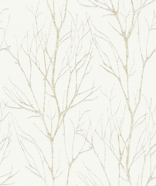 2979-37260-3 Diani Tree Wallpaper in Gold Metallic White Colors with Textured Backdrop Modern Style Expanded Vinyl Unpasted Wall Covering by Brewster