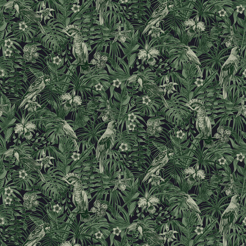 2979-37210-1 Susila Tropical Wallpaper in Green Colors with Fronds and Parrots Tropical Style Expanded Vinyl Unpasted Wall Covering by Brewster