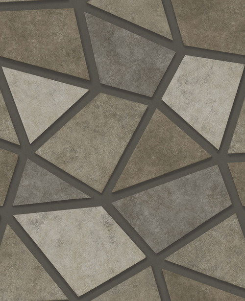 2896-25348 Coty Stone Geometric Patchwork Wallpaper in Brown Gray Colors with Brassy Glimmer Rustic Style Non Woven Unpasted Wall Covering by Brewster