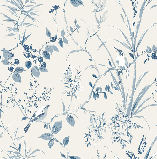 UW25885 Mariko Botanical Wallpaper in Blue Colors with Songbirds Fluttering & Leafy Vines Kitchen & Bath Style Non Woven Paste the Wall Wall Covering by Brewster