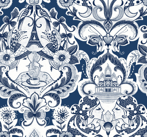 2973-90885 Sadie Parisian Damask Wallpaper with Illustration of Two Women in Navy Blue Colors Eclectic Style Unpasted Acrylic Coated Paper by Brewster